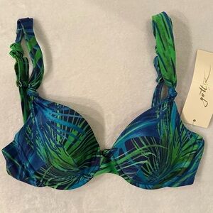 Gottex Bikini Top Bra US 8 Blue Green Tropical Tree Print Knot Straps NWT